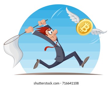 Digital currency. Funny man trying to catch bitcoin with a butterfly net. Cartoon styled vector illustration. Elements is grouped and divided into layers. No transparent objects.