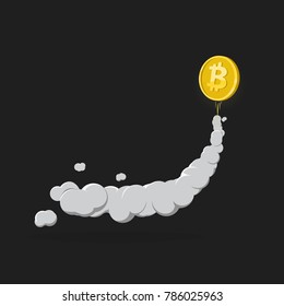 Digital currency going up isolated vector illustration. Cartoon bitcoin flying up and leave immersion trail on dark background