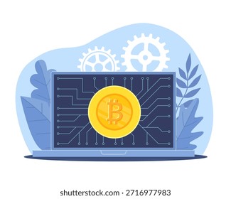 Moneda digital. Moneda de oro con ícono de moneda virtual en la pantalla del ordenador portátil, finanzas descentralizadas, operación de blockchain, concepto de dinero de Vector de ilustración de estilo plano de dibujos animados de transacción segura
