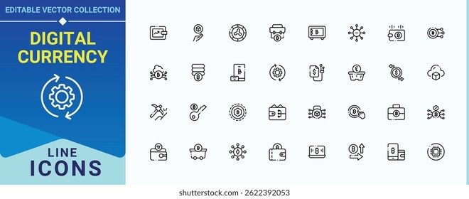 Digital Currency icon set. Featuring dollar, finance, banking, money, currency, payment and more. Crypto Currency icon set. Thin icons set. Pictogram and infographic.