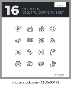 Digital currency icons. Set of line icons. Bitcoin, mining, credit card. Money concept. Payment and earning concept. Vector illustration can be used for topics like finance, web money, business