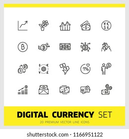 Digital currency icons. Set of line icons. Bitcoin, mining, credit card. Money concept. Payment and earning concept. Vector illustration can be used for topics like finance, web money, business