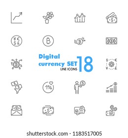 Digital currency icons. Set of line icons. Bitcoin, mining, credit card. Money concept. Payment and earning concept. Vector illustration can be used for topics like finance, web money, business