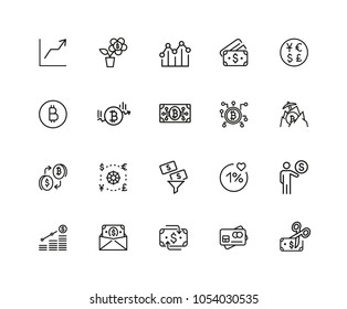 Digital currency icons. Set of twenty line icons. Bitcoin, mining, credit card. Money concept. Payment and earning concept. Vector illustration can be used for topics like finance, web money, business