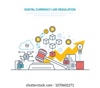 Digital currency law regulation. Financial operations with crypto-currencies, settlement currency bitcoin. Technology extraction resources, mining, technology blockchains. Illustration thin line