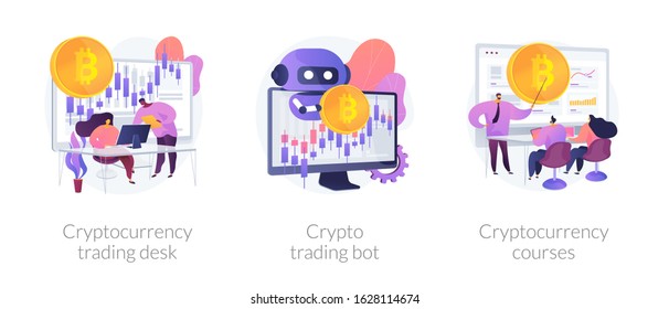 Digital currency market transactions. Electronic money experts. Cryptocurrency trading desk, crypto trading bot, cryptocurrency courses metaphors. Vector isolated concept metaphor illustrations