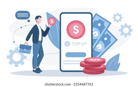 Digital currency at phone. Man with coins and banknotes near smartphone. Cashless money transfers and transactions. Electronic commerce. Flat vector illustration isolated on white background