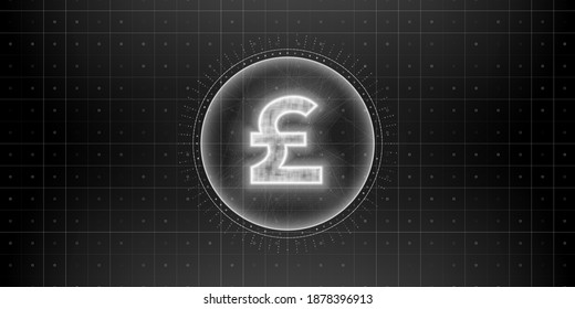 Digital currency pound sterling sign on abstract HUD technology background. Futuristic hi-tech digital money.Electronic economy of the future. Vector