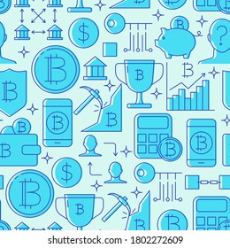 Digital currency seamless pattern in line style. Virtual money background with bitcoin symbols. Vector illustration.