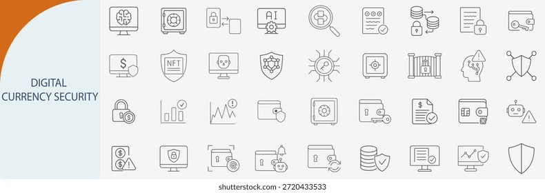 Conjunto de iconos de seguridad de moneda digital y protección de criptomonedas Arte de línea mínimo