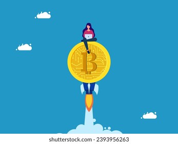 Digital currency soares. woman working on Bitcoin coin, rocket flying in the sky