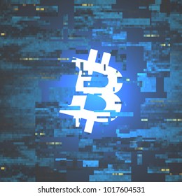 Digital Currency Symbol Bitcoin on Corrupted Pixel Background - Vector Illustration
