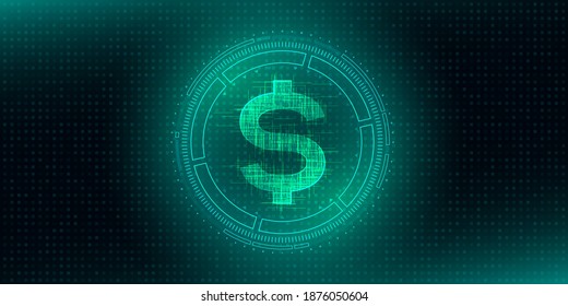 Moneda digital USA dólar signo sobre el fondo abstracto de la tecnología HUD. Futurista dinero digital de alta tecnología.Economía electrónica del futuro. Vector