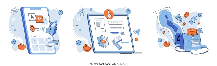 Digital currency vector illustration. Financial institutions are investing in digital currency networks to enhance their services The internet serves as backbone for global adoption digital currency