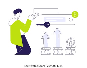 Digital currency wallet abstract concept vector illustration. Man holding electronic key in hands, blockchain technology, cryptocurrency industry, digital money investment abstract metaphor.
