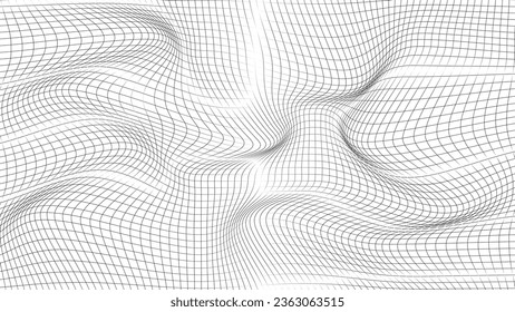 Digitaler Gradient, weiße Gitterstruktur mit Linien. 3D-Wellenmuster mit der Wirkung der Illusion. Stilvoller abstrakter Hintergrund. Vektorgrafiken.