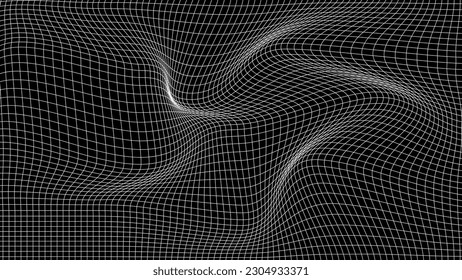 Digital curved grid lines texture or background. 3d distorted wave pattern with the optical illusion. Big data visualization. Vector illustrations.