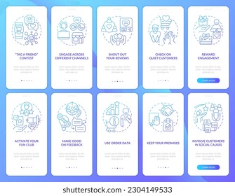 Digitaler Kundenbindungsblauer Farbverlauf auf dem mobilen App-Bildschirm. 5-stufige grafische Anleitungen mit linearen Konzepten. UI, UX, GUI-Vorlage. Myriad Pro-kühne, Standardschriftarten verwendet