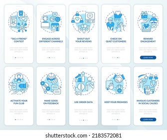 Digital Customer Engagement Blue Onboarding Mobile App Screen Set. Walkthrough 5 Steps Editable Graphic Instructions With Linear Concepts. UI, UX, GUI Template. Myriad Pro-Bold, Regular Fonts Used