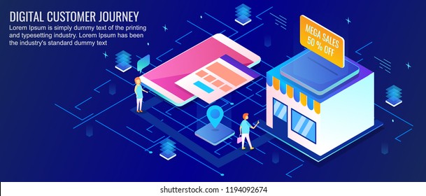 Digital customer journey, customer shopping online, shopping store app flat design 3D isometric vector banner