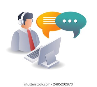 Digital Customer Support for Computer Services isometric illustration