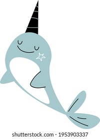 Digital cute illustration of narval whale isolated on white background. Flat illustration. Actual style and color. Logo clipart