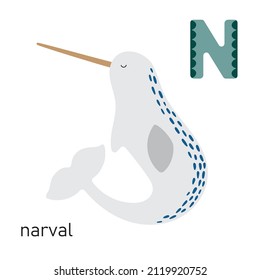 Digital cute illustration of narval whale isolated on white background with letter for Alphabet for children