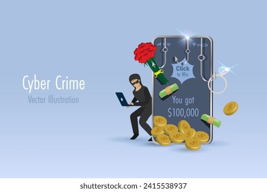 Digital cyber crime. Hacker online phishing fraud link, fake money and romance scam on smartphone. Hacking, phishing, scamming and financial cyber security concept.