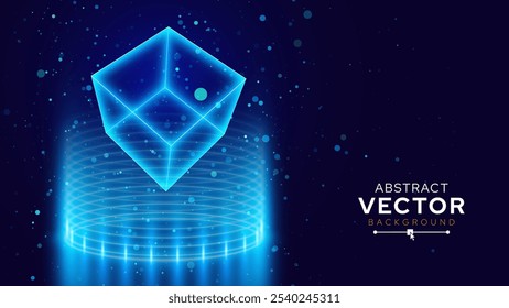 Holograma digital de Cyber Cube. Cubo de neón brillante flotando en el portal azul. Antecedentes de la tecnología de juegos musicales. Ilustración vectorial.