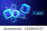 Digital cyber cube. Neon glowing cubes in motion with. Musical, gaming, technology, background with glowing 3d objects.