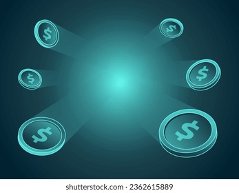 Ciberdinero digital, monedas en monedas que vuelan esparcidas neón Concepto de ilustración del vector. Banner abstracto de financiamiento tecnológico con monedas de fondo oscuro. Afiche o cartel para el sitio web.