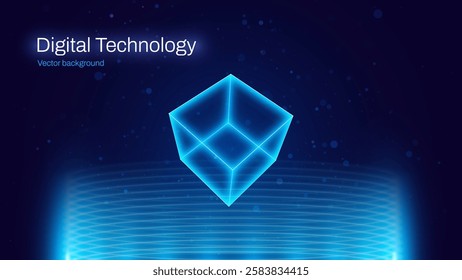 Digital Cyber Neon Cube Hologram. Neon Glowing Database Box Floating in Blue Cyberspace. Tech Data Storage Cloud Technology Concept Background. Vector Illustration. - Powered by Shutterstock - Get 15% off with code: PIKWIZARD15