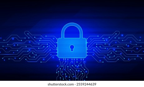 Digital cyber security concept with padlock and circuit board on dark blue background. Secure data from crime, virus cyber and internet protection concept. Vector illustration