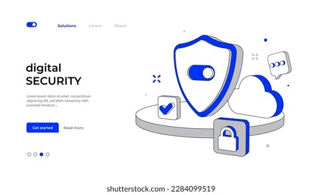 Digital Cyber security concept with Shield and cloud. Protection of user data in the cloud service. Vector illustration