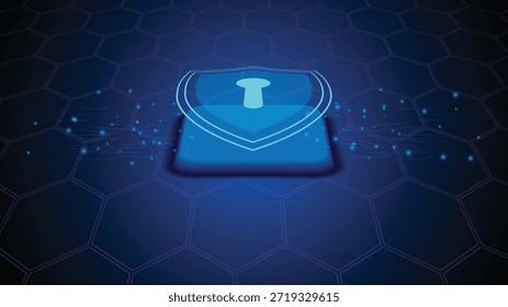 Icono de escudo de seguridad cibernética digital flotando sobre un fondo de patrón hexagonal azul brillante para protección de datos.