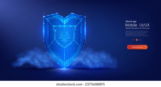 Digital Cyber Shield in Vibrant Blue Neon Lights: UI,UX Mobile App Security Design Concept. Modern lowpoly style. Vector illustration