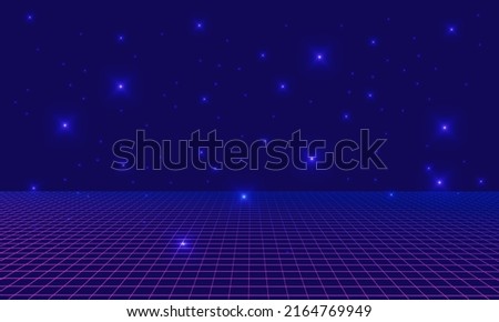 Digital cyber surface with stars, spider web design. Vector illustration. Digital world, virtual reality, cyberspace, metaverse concept.