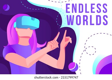 Digital cyber world technology banner with copy space. Neon glowing Virtual reality technology concept. Girl in digital glasses surrounded with futuristic fluorescent space