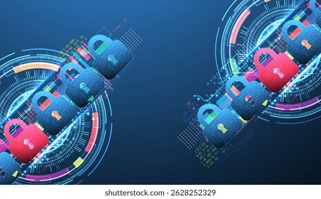 Digital cybersecurity concept with padlocks, symbolizing data protection and security. Vector technology background.