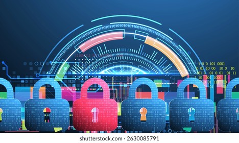 Digital cybersecurity concept with padlocks, symbolizing data protection and security. Vector technology background.
