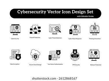 Digital Cybersecurity Icon Set for Threat Response and Protection Systems