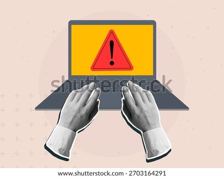 Digital danger - a warning sign on a computer screen. Hands on a laptop keyboard with an exclamation point on the monitor. Modern collage style. Vector illustration