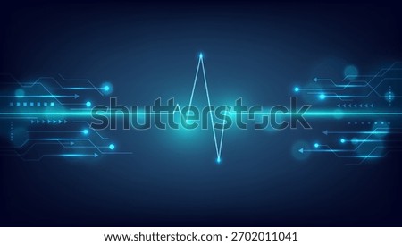 digital dark blue background with a glowing heartbeat line and neon circuit design representing modern healthcare technology innovation and the connection between science and human vitality