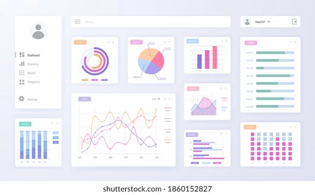 Digital dashboard admin panel with graph, chart diagram set. User interface design, marketing infographic for data visualization and management, search button vector illustration isolated on white