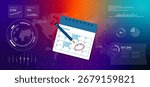 Digital dashboard calendar with marked date and a pencil illustration visualizes IT project management meeting scheduling event planning, and the importance of timeline