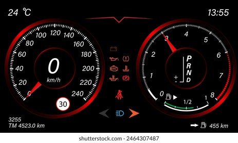 The digital dashboard of the car with the image of the speedometer and tachometer. Illustration of the design.