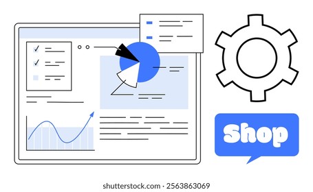 Digital dashboard with charts and graphs, pie chart, settings gear, and shop icon in light blue and black colour scheme. Ideal for business, marketing, analytics, e-commerce, and technology themes