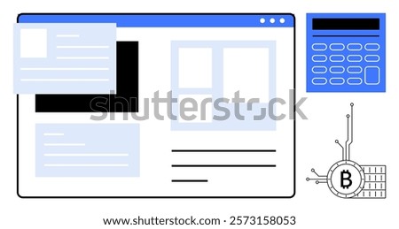 A digital dashboard displaying floating window elements, a calculator, and a Bitcoin symbol connected to a circuit. Ideal for cryptocurrency, financial technology, digital finance, blockchain