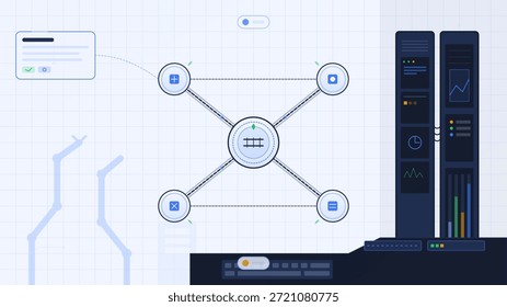 Un tablero digital que muestra la conectividad del sistema y el flujo de datos. Varios iconos representan diferentes procesos y componentes. El entorno se ve moderno y técnico.