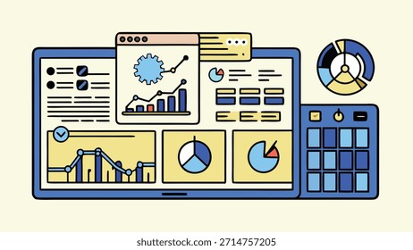 A digital dashboard displaying various charts, graphs, and data visualizations, representing business analytics and reporting, isolated on white background.
